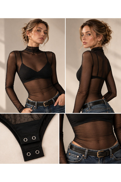 Kadın Siyah Yarı Dik Yaka Tül Body / Likralı Tül Bluz