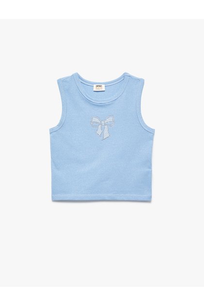 Cotton Crew Neck Slim Fit Bow Printed Stone Detailed Sleeveless Crop Undershirt