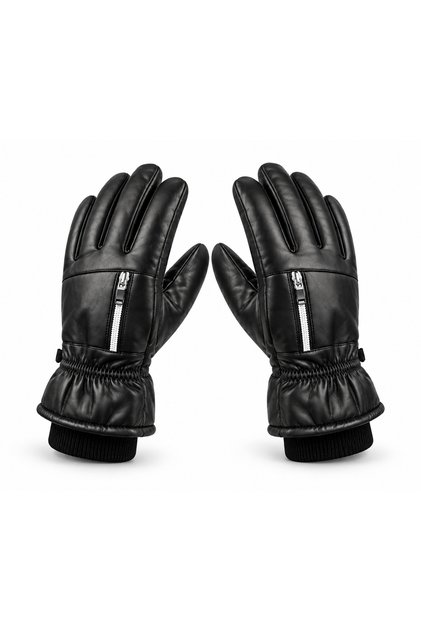 Leather Motorcycle Gloves Winter | Thick Fur Inside | Zippered Wallet with Pocket | Non-Slip Palm | Wind Water Resistant Courier Snow Ski Gloves