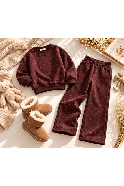 Girl's choco glow stone detail top and bottom set - coffee - plum