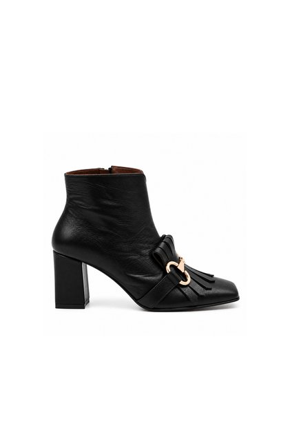 Black Genuine Leather Buckle Tasseled Heeled Women's Boots