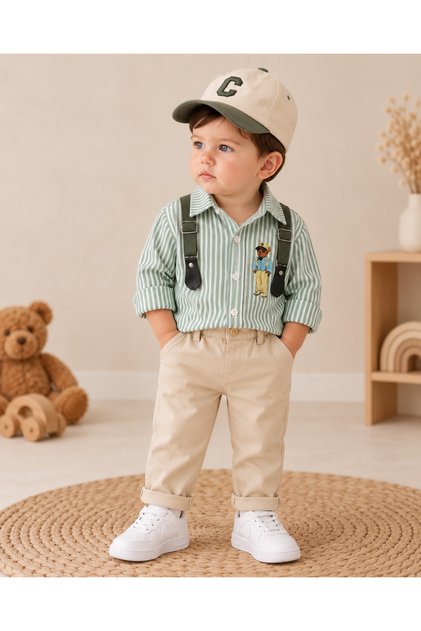 Striped Teddy Bear Printed Shirt with Suspender Belt and Hat, Lycra Gabardine Trousers, 4-Piece Baby Boy Set