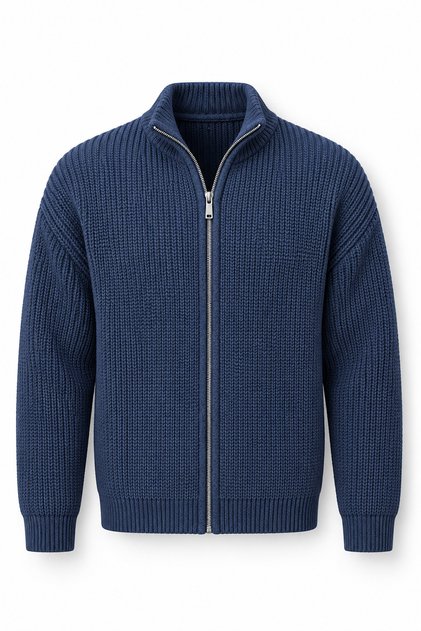 Woody Oversized Brioche Knit Zip-Up Men's Cardigan - Indigo