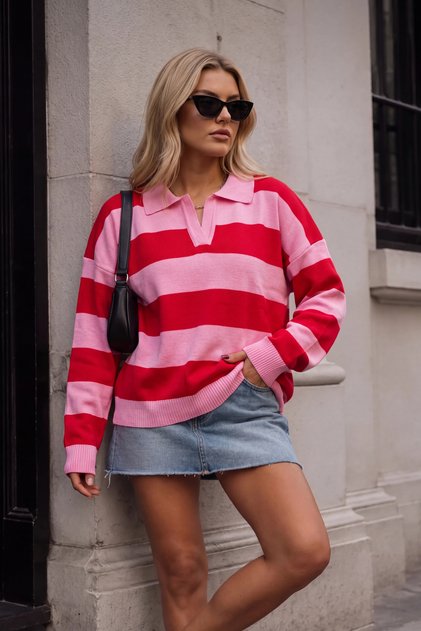 Women's Red Pink Striped Polo Lapel Half Oversize Drop Shoulder Sweater Knitwear