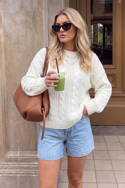 Women's white knit half oversized wide sleeve sweater