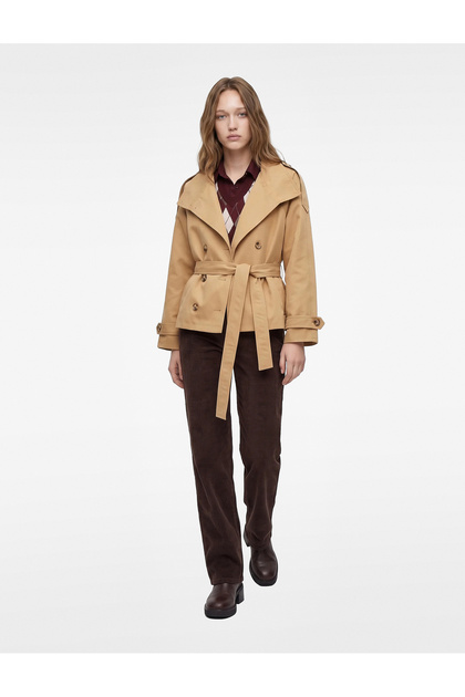 Belted Gabardine Fabric Stand Collar Pocketed Long Sleeve Double Breasted Seasonal Jacket