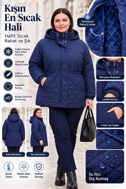 Comfortable and Warm Performance Plus Size Quilted Coat Navy Blue