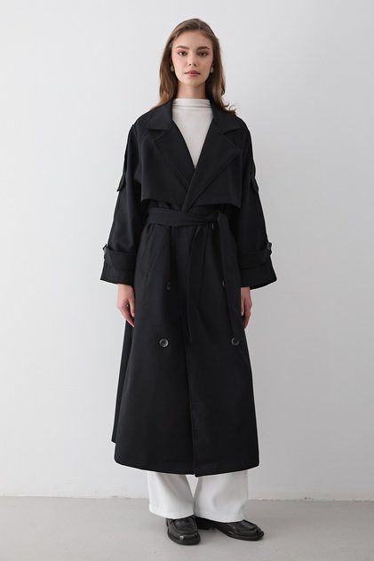 Women's Black Double-Breasted Collar Belted Long Trench Coat