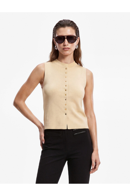 Viscose Blended Buttoned High Neck Sleeveless Knitwear Blouse