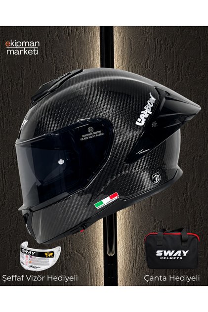 SW 861V2 Gloss Carbon Fiber Fulface Kask Taşıma Çantası ve Siyah Vizör Hediyeli