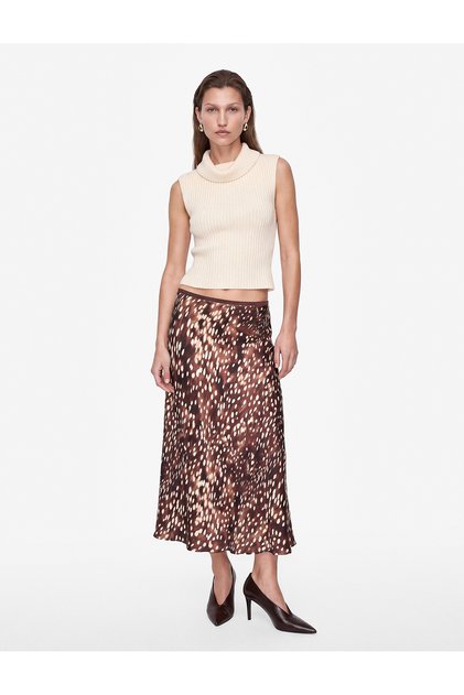 Slim Fish Form Bambi Patterned Satin Midi Skirt