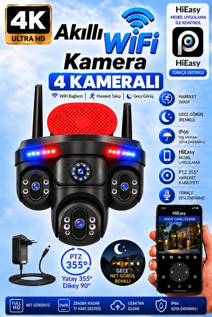 360 Dönebilen Kablosuz Wifi Ip Kamera Speed Dome 1080p Fullhd Gece Görüşlü Hareketli Dış Mekan Sesli