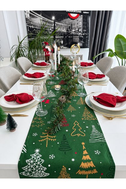 New Year Themed Tree Patterned Green Runner Christmas