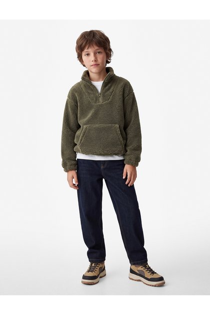Long Sleeve High Collar Oversized Plush Sweatshirt with Zippered Kangaroo Pocket