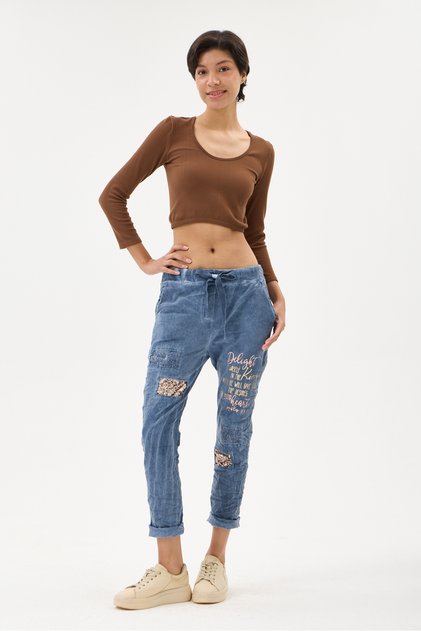 Women's Blue Italian Waist Lace-Up Sequined Lettered Lycra Pants Size 38 - 46