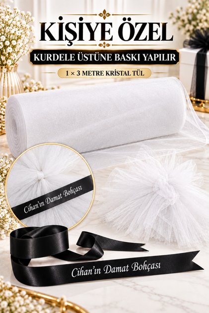 Kişiye Özel- Bohça Nişan Beyaz Süsleme Tülü Saten Kurdele Baskılı