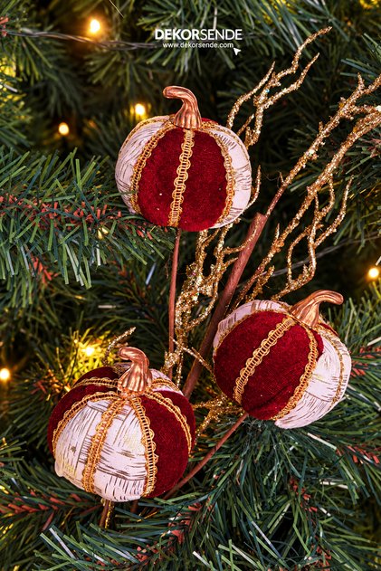 Christmas Ornament Branch Pumpkin 3-Piece Ball Gold Decorated Claret Red 75 cm