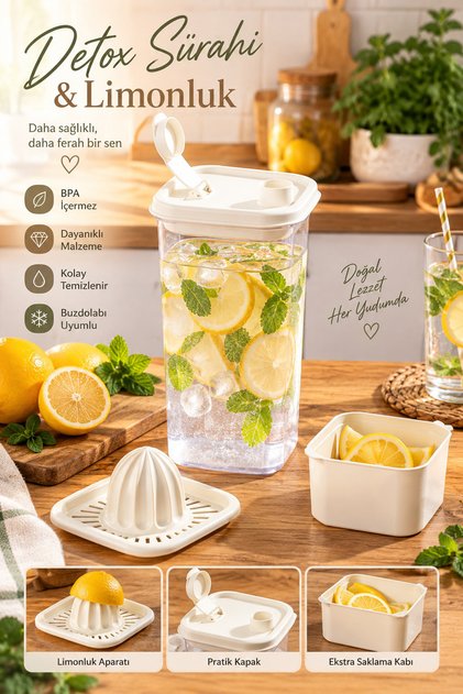 1110 Sızdırmaz Kapaklı Detoks Sürahi - Matara & Limonluk, Şerbetlik, Suluk Şeffaf Beyaz 2 L