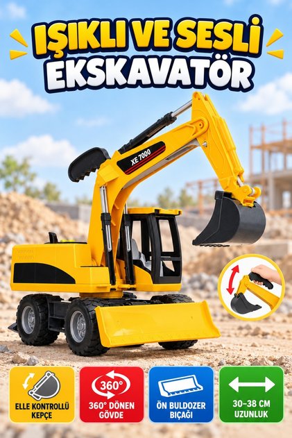 Işıklı Sesli Oyuncak 30 CM 1:12 Ölçekli 360° Dönen Gövde ve Hareketli Kepçe Oyuncak Ekskavatör