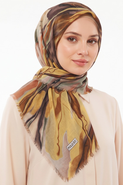 وشاح نسائي من القطن بنمط تجريدي باللونين الأصفر والبني