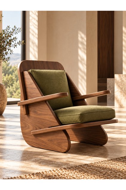 STYLISH Ahşap Ceviz Berjer Haki Yeşil Keten Kumaş | Geçmeli Tekli Koltuk | Doğal Kontrplak | Vida Gerektirmeyen Modern İskandinav Berjer