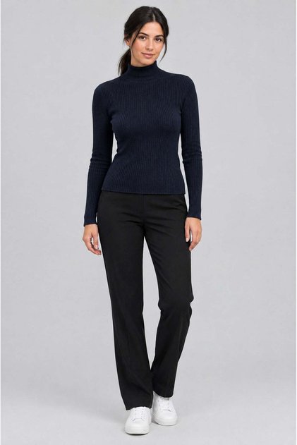 Women's Navy Blue Full Fisherman Collar Corded Fabric Flexible Soft Woven Slim Knitwear Sweater Body Blouse