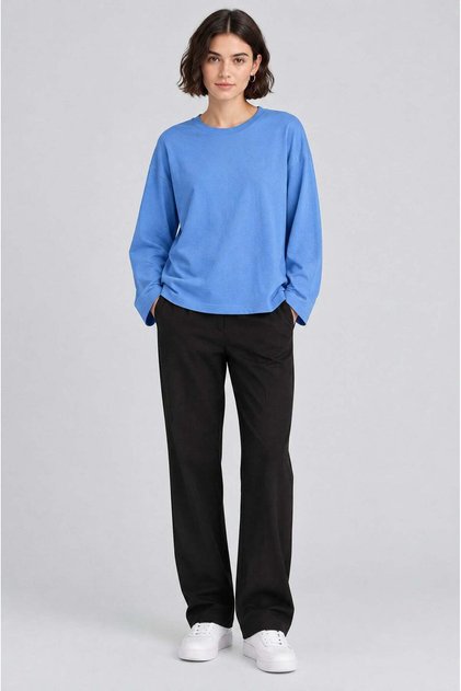 Women's blue t-shirt wide sleeve crew neck long sleeve t-shirt