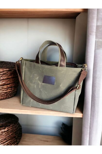Zippered Medium Size Waxed Canvas Khaki Color Handbag / Cross Strap