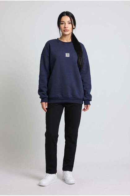Women's Navy Blue Free Life Printed 0 Zero Neck Oversize Loose Fit Fleece Sweatshirt