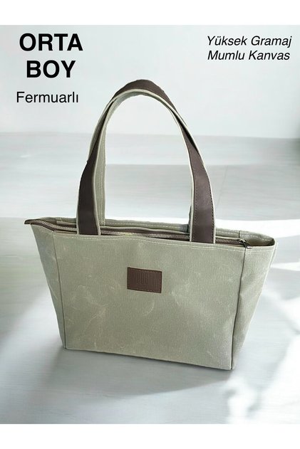 Zippered Medium Size Waxed Canvas Mint Color Shoulder Bag