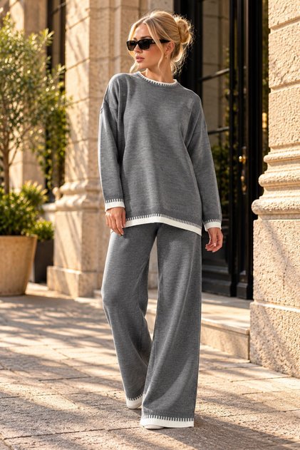 Women's Gray Crew Neck Shepherd Stitched Sweater and Palazzo Knitwear Top and Bottom Set