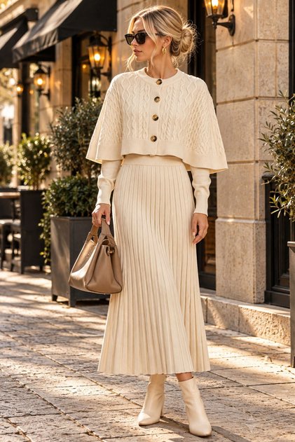 Women's Ecru Knitted Patterned Cape Poncho and Long Sleeve Knitwear Dress Two-Piece Set
