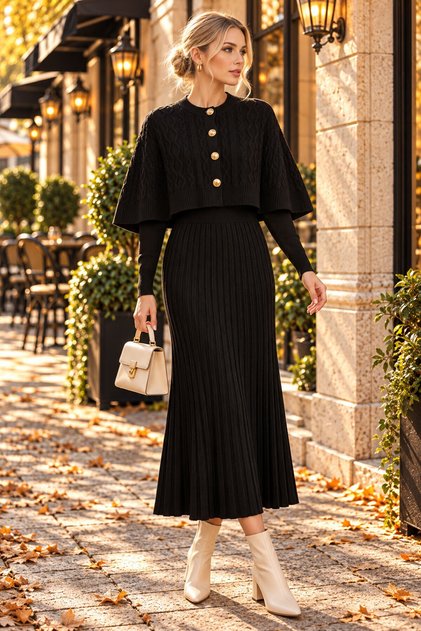 Women's Black Knitted Patterned Cape Poncho and Long Sleeve Knitwear Dress Two-Piece Set
