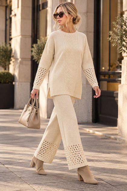 Women's Ecru Knitted Openwork Patterned Long Tunic Sweater and Pants Top and Bottom Knitwear Set