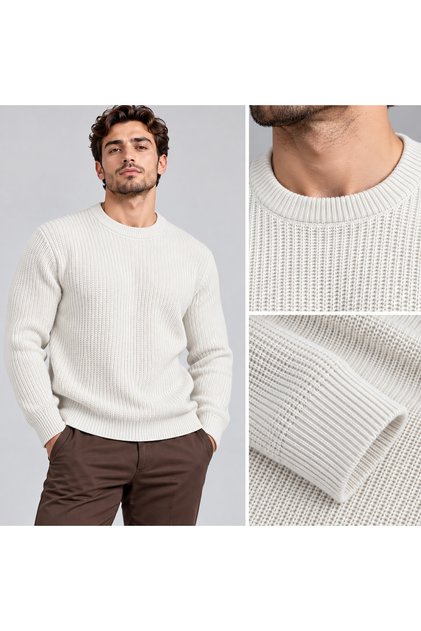 White Comfortable Ribbed Crew Neck Men's Knitwear Sweater