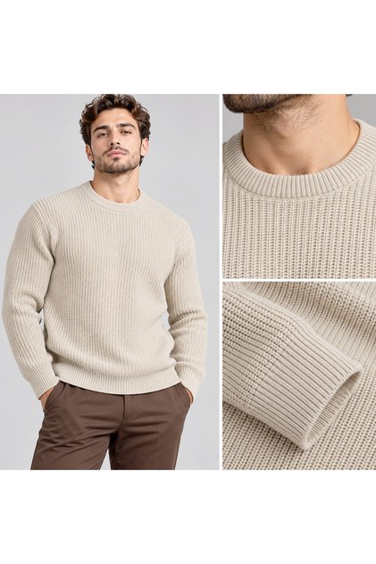 Pulover tricotat pentru bărbați, bej, confortabil, cu guler rotund, din tricotaj