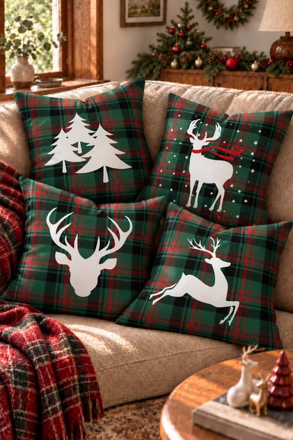 Happy New Year Green Plaid Deers Patterned Set of 4 Digital Printed Throw Pillow Covers