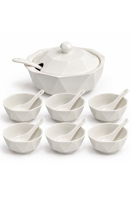 15-Piece Porcelain Soup Serving Set for 6, Tureen with Lid, 6 Bowls, 6 Spoons & Ladle, Embossed Wave Design White
