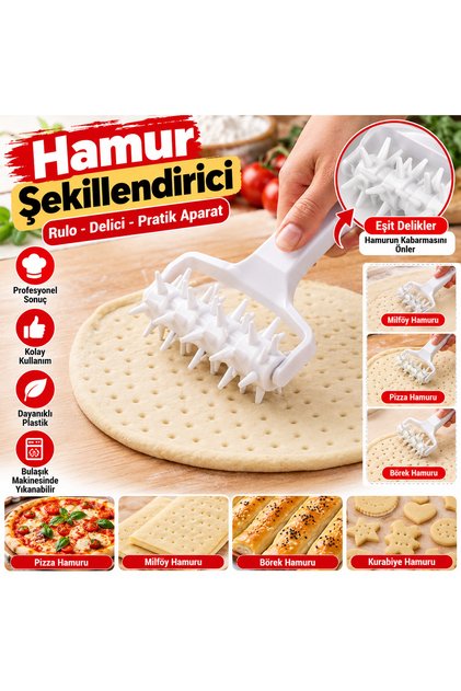 Pizza Hamuru Şekillendirici Rulo Hamur Delici Milföy Ruleti Pratik Plastik Mutfak Aparatı