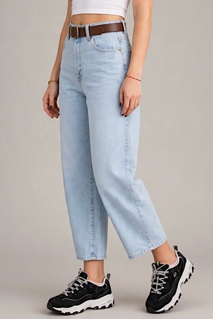 High Waist Snow Wash Baggy Jean Denim Pants - Leather Belt Gift Included