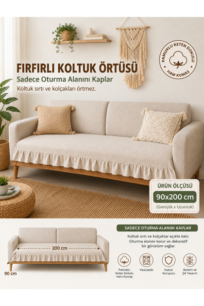 Fırfırlı Koltuk Örtüsü Ham Pamuk Kumaş Keten Dokulu Bohem Koltuk Şalı