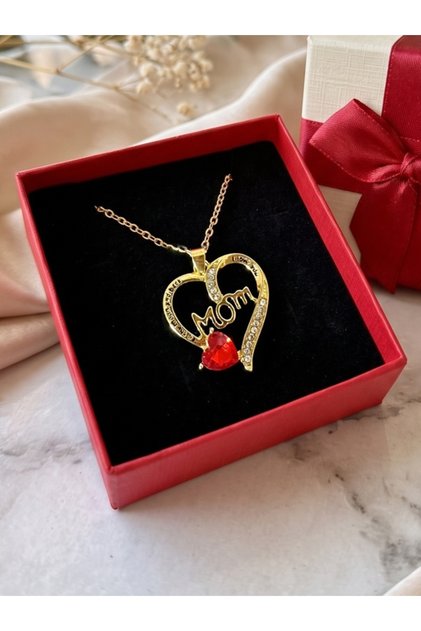 Lantisor Mama - Inima si Cristal Rosu - Otel Inoxidabil Placat cu Aur 18K, Cadou Colier Mama