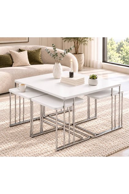 İç içe geçer set 5li TEKERLEKLİ 4+1 YAVRULU ORTA SEHPA gümüş metal beyaz tabla mdf