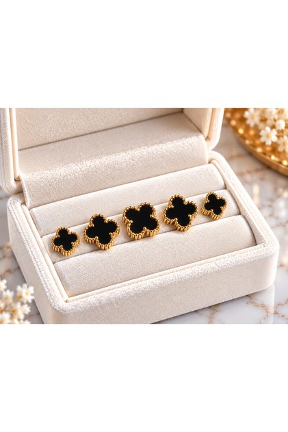 Çelik Gold Siyah Renk 3 Boy Yonca Küpe Seti