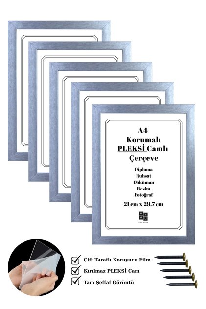 5 Adet A4 Çerçeve Korumalı Kırılmaz Pleksi Camlı Belge Diploma Resim Fotoğraf Asılabilir 21x29.7 Cm