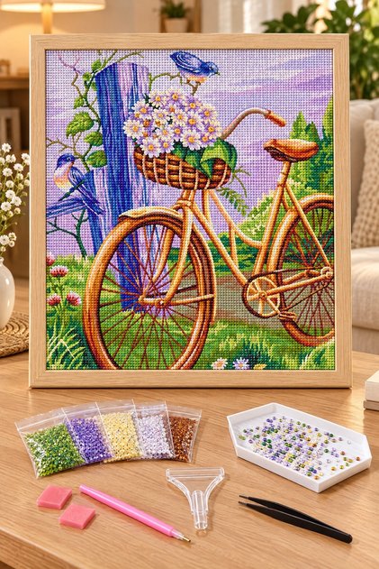 Diamond Painting Puzzle Kit, Bicycle with Flower Basket 30X30 cm Mosaic