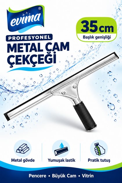 35 cm Profesyonel Metal Cam Çekçeği – Pencere ve Vitrin Temizleme Aparatı