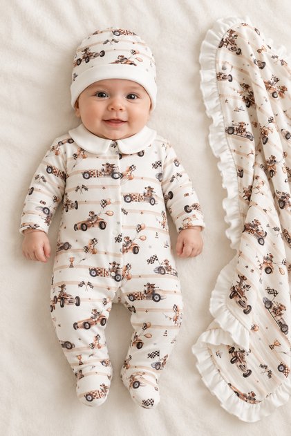 Speedy Pals 3 Piece Newborn Jumpsuit, Hat & Blanket Hospital Discharge Set