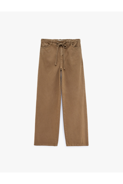 Cotton Loose Fit Denim Trousers with Snap Buttons and Tie Waist - Loose Fit Jeans