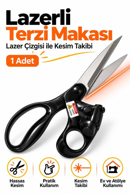 Lazer Çizgi Kılavuzlu Terzi Makası – Kumaş ve Kağıt Kesimi İçin, Siyah Saplı, 1 Adet